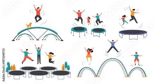 Group of people and families having fun jumping on various types of trampolines at an indoor or outdoor sports park or recreation center.