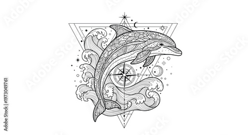 Black and white line art illustration of a dolphin jumping out of stylized ocean waves against a geometric background with a compass.