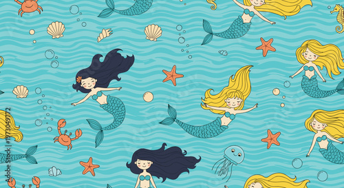 Seamless pattern of cute mermaids swimming in the ocean with various sea creatures like crabs, jellyfish, starfish, and seashells on a blue wave background.