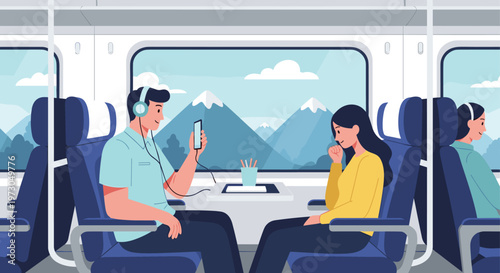 Passengers in a modern train carriage enjoying the scenic mountain view while traveling and using their mobile devices for entertainment.