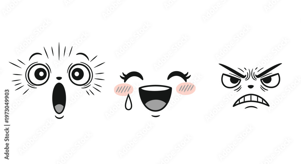 Fototapeta premium Collection of expressive cartoon faces displaying emotions of surprise, joy, and anger in a simple line art style