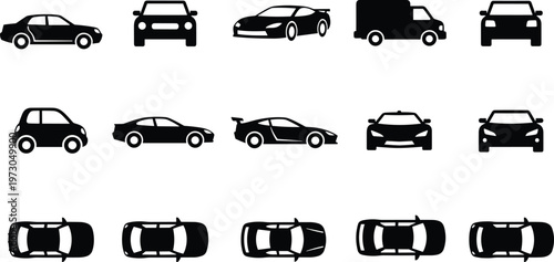 Car silhouettes, vehicle icons, automobile outline, sports car, compact car, van illustration, top view cars, automotive design, transport symbols, mobility