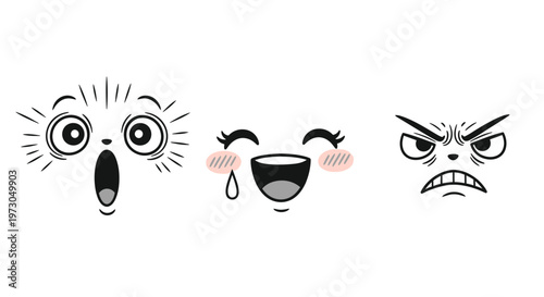 Collection of expressive cartoon faces displaying emotions of surprise, joy, and anger in a simple line art style