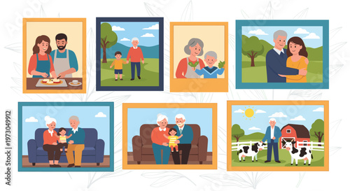 Gallery of family photographs featuring parents, children, and grandparents spending time together at home, in the park, and on a farm.