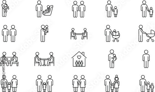 Family icons, parenting symbols, childcare design, parent with baby, couple outline, family group, stroller illustration, home love, caregiving, companionship