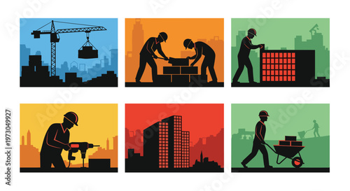 Construction site silhouette scenes showing workers using heavy machinery, building walls, and materials in an urban industrial setting.