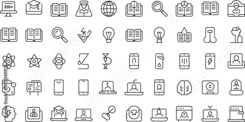 Education science icons, technology outline set, academic symbol collection, digital learning vector pack, graduation book globe laptop illustration