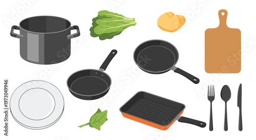 Kitchen utensils and food ingredients including various frying pans, a cooking pot, cutting board, cutlery, and fresh green vegetables.