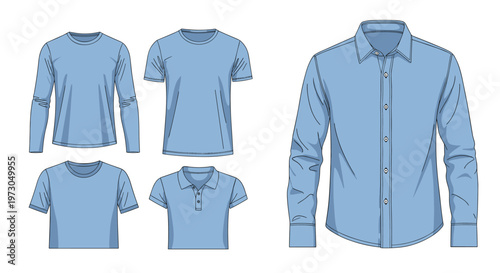 Collection of mens shirts including a long sleeve top, t-shirts, a polo shirt, and a classic button down dress shirt for formal and casual wear.