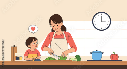 Mother and son cooking together in a kitchen with the mother chopping vegetables on a cutting board while the child watches with curiosity.