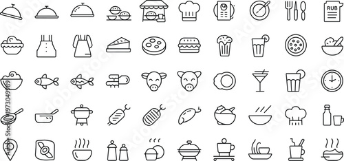 Food cooking icons, culinary outline set, dining symbol collection, chef hat vector pack, pizza burger fish coffee mug illustration