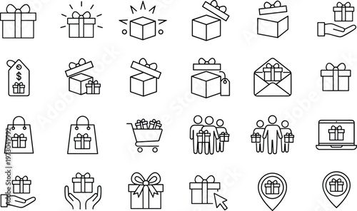 Gift icons, present symbols, shopping design, holiday promotion, e-commerce illustration, wrapped box, gift tag, online shopping, sharing gifts, celebration