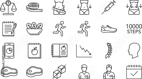 Health icons, fitness symbols, wellness design, diet tracking, exercise outline, medical care, progress monitoring, nutrition illustration, lifestyle balance, body measurement
