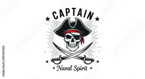Detailed pirate skull emblem wearing a captain hat and red bandana with crossed swords against a white background with sunburst lines.