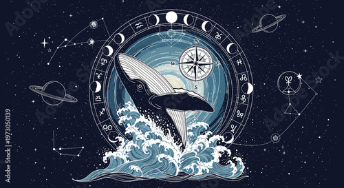 Majestic whale jumping out of ocean waves against a cosmic background with zodiac symbols, moon phases, planets, and a compass.