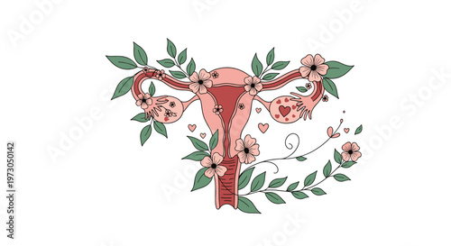 Anatomical illustration of the female uterus and ovaries adorned with various spring flowers, leaves, and hearts symbolizing feminine health.