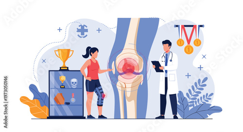 Female athlete discussing her knee injury with a doctor in a clinic surrounded by sports trophies and medical diagrams of the joint.