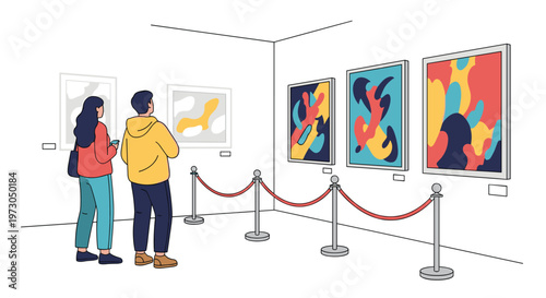 Young couple explores a modern art gallery while admiring vibrant abstract paintings displayed on clean white walls.