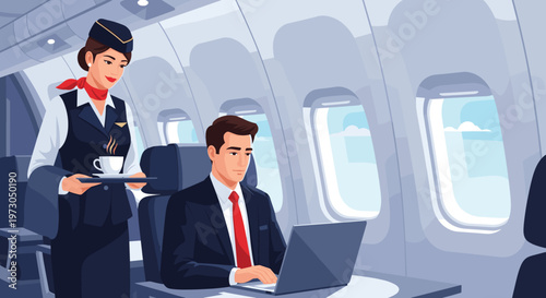 Professional flight attendant in uniform serves a cup of hot coffee to a businessman working on his laptop in a plane.