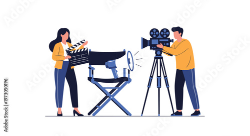 Professional movie production crew operates a camera and uses a clapperboard on a film set in a minimalist studio.