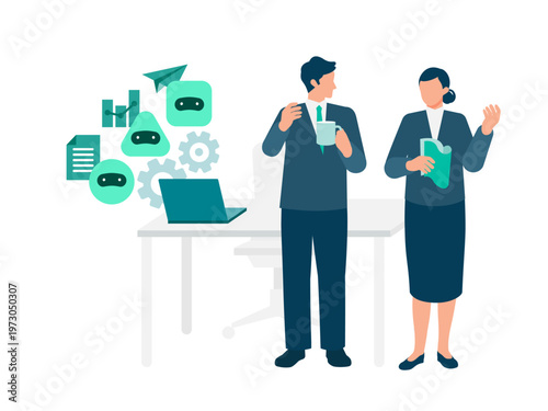 Multi-agent AI system performing autonomous task execution at workstation during employee meeting hours to maintain continuous business operation and operational efficiency.