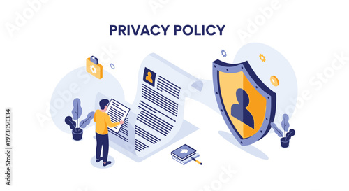 Concept illustration for a privacy policy featuring a man reviewing a document beside a large blue security shield.