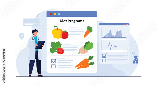 Professional doctor in a white coat presents various healthy diet programs featuring fresh vegetables and charts.