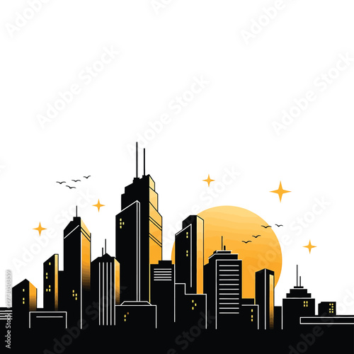 City skyline with tall buildings.