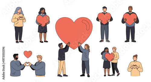 Diverse group of men and women hold various red heart shapes to express love, compassion, and community support.