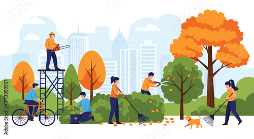Community volunteers work together in a city park during autumn to clean up leaves and maintain the green space.