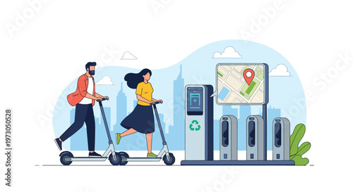 Young couple rides modern electric scooters past a charging station and city map in an urban environment.