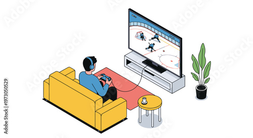 Young man wearing headphones sits on a yellow sofa and plays an ice hockey video game on a large television screen.