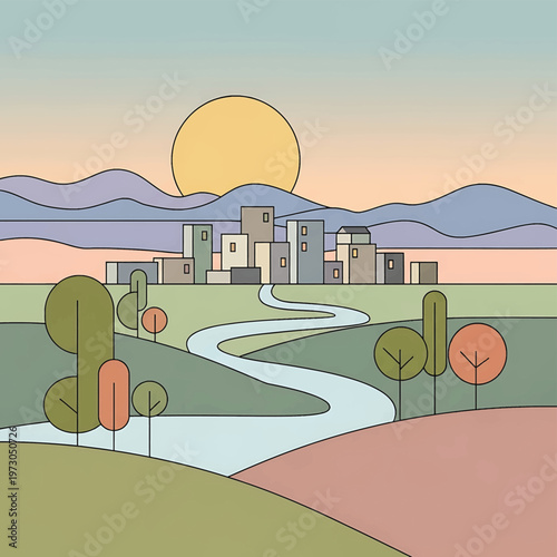 Cityscape with buildings and winding river.