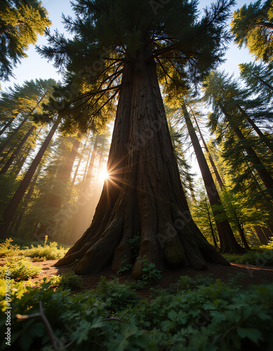 Giant tree in sunlit forest with golden rays through canopy