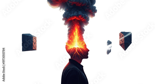 Silhouette Head Exploding With Fiery Energy And Smoke Isolated On transparent Background