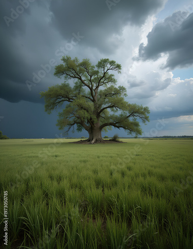Majestic tree in open field under foreboding and bright sky