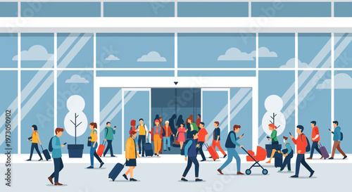 Crowd of people with luggage entering modern building with glass facade and automatic doors