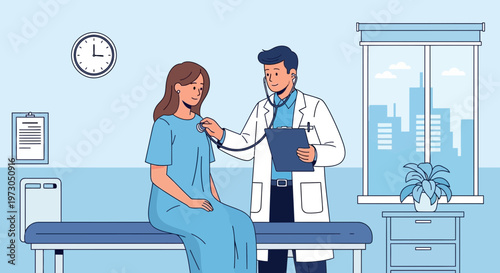 Doctor examining patient with stethoscope in clinic, medical checkup, healthcare concept