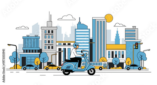 Man riding a blue scooter through a stylized city street with cars and buildings.