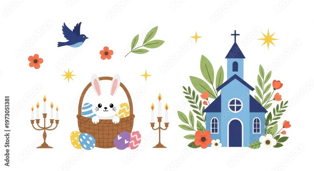 Fototapeta premium Easter, bunny and eggs illustration with rabbit in basket on white. Church, spring and nature with blue bird, flowers and candles for holiday celebration and seasonal greeting design