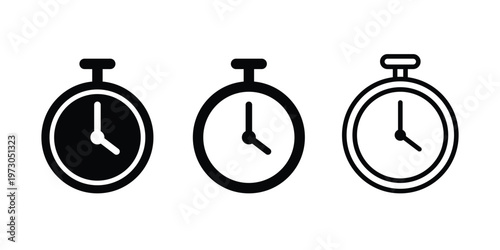 Stopwatch icons set. Timers icon set. Stop watch timer flat vector icon. Timer symbol. Outline stopwatch icon. Alarm pictogram.