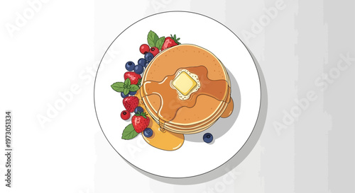 Stack of pancakes with butter, syrup, and fresh berries