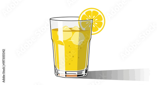 A glass of refreshing lemonade with ice and a lemon slice.