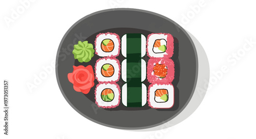 Delicious sushi platter with salmon and roe on a black plate