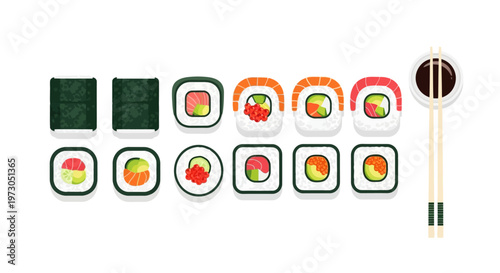 Variety of colorful Japanese sushi rolls with chopsticks and soy sauce.