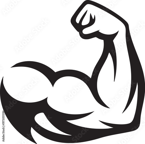 Professional fitness logo icon, a powerful flexing arm with defined muscles, thick black strokes, vector graphics, symmetrical, bold and masculine design, white background, 8k resolution.