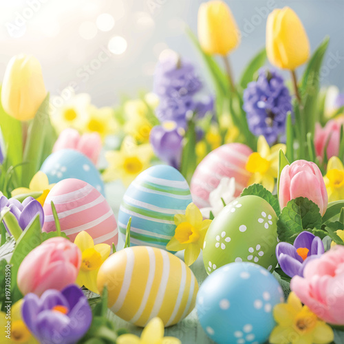 Colorful Easter Eggs in Garden.