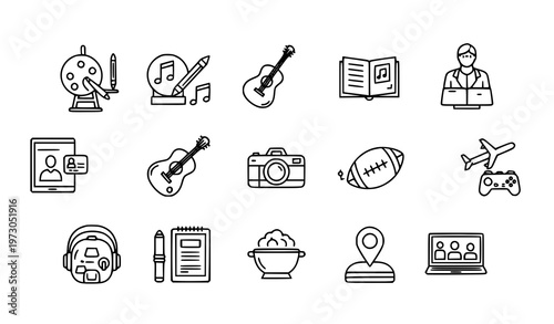 Modern hobbies and interests icons collection with sports, music, art, and lifestyle symbols