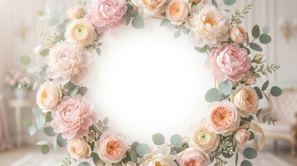 Floral wreath made of pink and cream roses with green eucalyptus leaves. Round frame for wedding invitation or greeting card. Elegant botanical border with copy space for design.