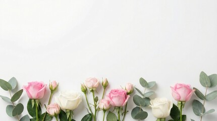 Pink and white roses with eucalyptus leaves on a white background. Floral border frame with copy space for greeting card. Spring and summer blossom arrangement for wedding invitation.
